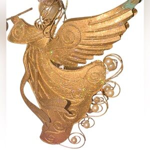 Vintage Gold Paint Metal Tin & Wire Angel Pearl Beads 9.5" Christmas Tree Topper